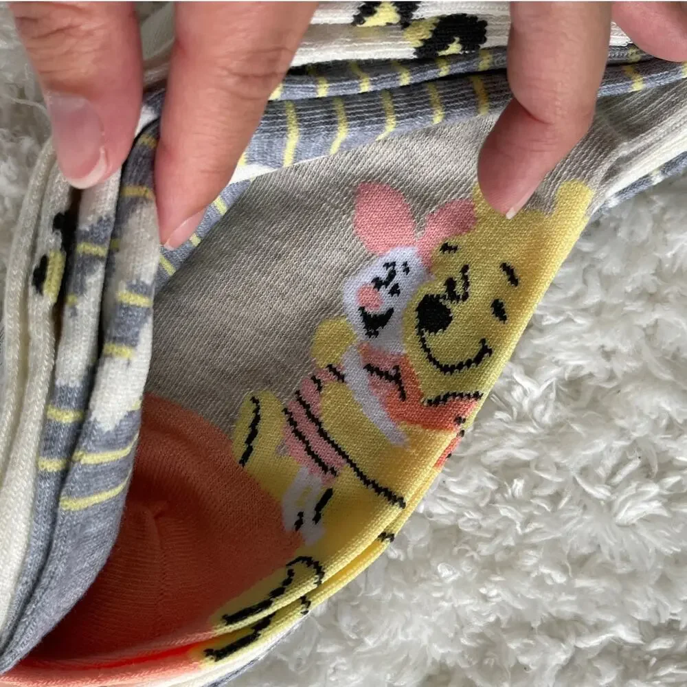 Disney Winnie the Pooh Mid Crew Socks 5 Pairs NEW Size 9-11 Womens Gray Tan